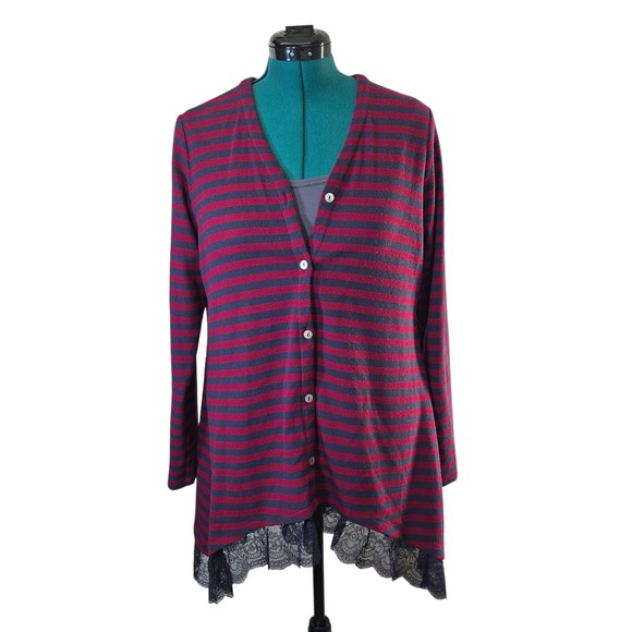 LOGO Lori Goldstein Sweaters - LOGO Lori Goldstein‎ Striped Waffle Knit Cardigan with Lace Trim